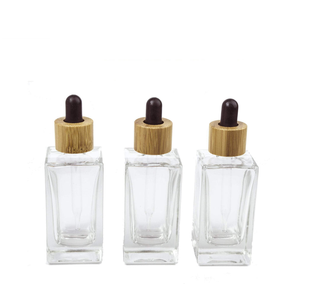 3 pcs 50ml Cubic SQUARE LUXURY Glass Dropper Bottle with NATURAL BAMBOO Collars and Black Bulbs for Serum, Elixirs Essential Oil Foundation