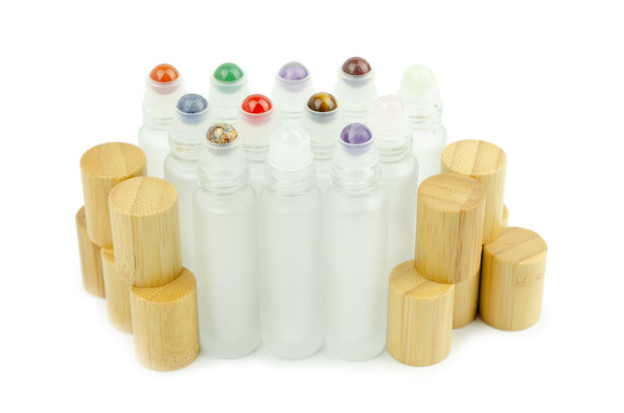 12Pcs Gemstone Crystal Rollerballs 10ml Frosted Glass Roller Bottles (Choose Cap) Rose Quartz, Sodalite, Green Jade, Amethyst, Tiger Eye