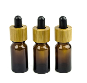 12 NATURAL BAMBOO DROPPER Bottles, 5ml or 10ml Dark Amber Glass, Green Packaging, DIY Essential Oil Storage Private Label Packaging Unique