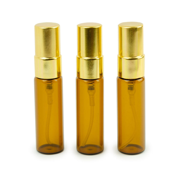 12 AMBER Glass 5ml Fine Mist Atomizer Bottles 5 ml w/ GOLD Metallic Spray Mist Caps Perfume Cologne Travel Size Sample Packaging Bulk