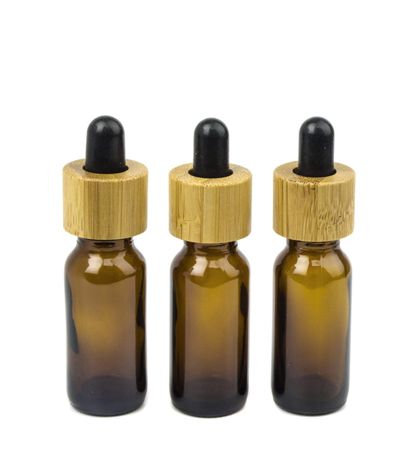 12 NATURAL BAMBOO DROPPER Bottles, 15ml Dark Amber Glass