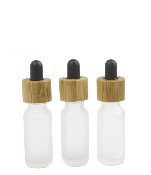 12 NATURAL BAMBOO DROPPER Bottles, 15ml Clear FROSTED