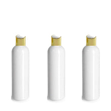 Load image into Gallery viewer, 6 MiLK WHiTE Opaque 4 Oz PET Plastic Bottles w/ LUXE SILVER or Gold Disc Dispensing Cap 120ml Bottles Lotion Shampoo Body Cream Conditioner