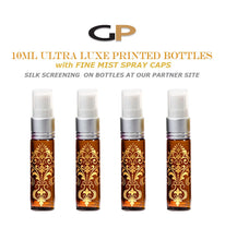 Load image into Gallery viewer, 3 EXQUISITE 10ml Glass Atomizer Bottles Gold Foil Stamped Amber or Cobalt Blue w/ Gold or Silver Fine Mist Spray Pumps, Purse, Party, Gifts