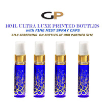 Load image into Gallery viewer, 3 EXQUISITE 10ml Glass Atomizer Bottles Gold Foil Stamped Amber or Cobalt Blue w/ Gold or Silver Fine Mist Spray Pumps, Purse, Party, Gifts