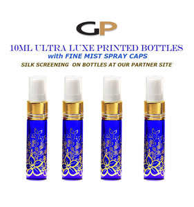 3 EXQUISITE 10ml Glass Atomizer Bottles Gold Foil Stamped Amber or Cobalt Blue w/ Gold or Silver Fine Mist Spray Pumps, Purse, Party, Gifts