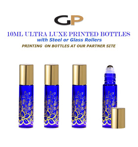 6 EXQUISITE 10ml Glass  Bottles Gold Foil Stamped Amber or Cobalt Blue w/ Gold or Silver LUXE Metal Caps Event Planners, Purse, Party, Gifts
