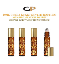 Load image into Gallery viewer, 6 EXQUISITE 10ml Glass  Bottles Gold Foil Stamped Amber or Cobalt Blue w/ Gold or Silver LUXE Metal Caps Event Planners, Purse, Party, Gifts