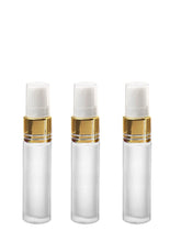 Load image into Gallery viewer, 12 Frosted Glass 10mL GOLD or SILVER Fine Mist Atomizer Bottles 10 ml w/ Metallic Spray Cap Perfume Cologne Travel Size Sample Party Favor