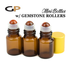 Load image into Gallery viewer, 12 RED JASPER Gemstone Rollerballs in 1ml, 2ml or 3ml Clear or Amber Glass Mini Bottles, MaTTE GoLD Caps Essential Oil, Lip Gloss, DIY