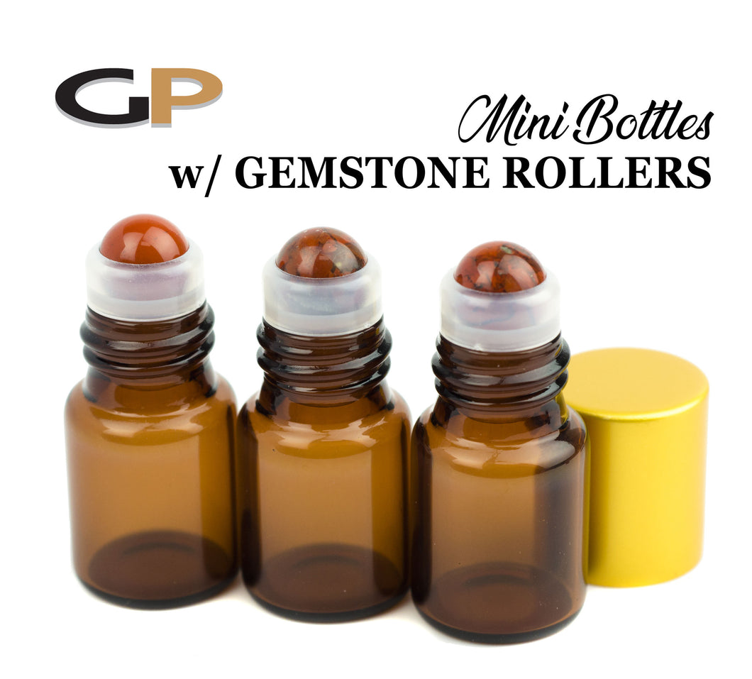 12 RED JASPER Gemstone Rollerballs in 1ml, 2ml or 3ml Clear or Amber Glass Mini Bottles, MaTTE GoLD Caps Essential Oil, Lip Gloss, DIY