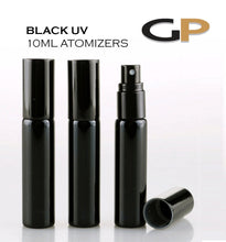 Load image into Gallery viewer, 6 SHiNY BLACK 10ml ATOMIZERS, UV Coated, on Glass Bottles LUXuRY Fine Mist Spray Cosmetic Packaging Perfume, Cologne, Essential Oil Blend