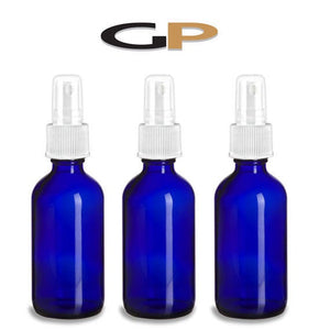 3 Blue 8 Oz GLASS Boston Round Bottles Essential Oil, Linen Spray, Perfume Fine Mist Sprayers w/ White Plastic RIBBED Caps 240ml