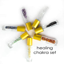 Load image into Gallery viewer, Healing Chakra Gemstone Crystal Chips Quartz, Amethyst, Citrine, Sodalite, Carnelian, Aventurine, Obsidian Clear 5/ 10ml Bottle, Choose Cap