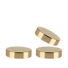 Load image into Gallery viewer, 48 pcs LUXURY 58/400 Shiny GOLD Tall HIGH PROFiLE Jar Caps, Aluminum Lids for Glass and Plastic Cream Jars Foam Lined Upscale Packaging Caps