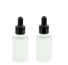 Load image into Gallery viewer, 6 FROSTED Cylinder 30ml Glass Bottles w/ Metallic BLACK Glass Dropper  1 Oz Upscale LUXURY Cosmetic Skincare Packaging, Serum Essential Oil
