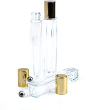 Load image into Gallery viewer, 1 LUXURY SQUARE Slim 10ml Clear Glass Roll-on, Gold Caps Roller Perfume Bottles Stainless STEEL Ball Fitment, 1/3 Oz Essential Oil,  10 ml