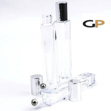Load image into Gallery viewer, 3 SQUARE 10 ml Clear Glass Essential Oil Slim High End Roll-on, Gold Caps Roller PERFUME BOTTLES Stainless Steel Balls, 1/3 Oz ,  10 ml