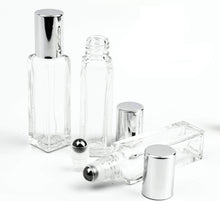 Load image into Gallery viewer, 12 LUXURY SQUARE Slim 7.5ml Clear Glass Roll-on, Gold Caps Roller Perfume Bottles Stainless STEEL Ball Fitment, 1/4 Oz Essential Oil, 7.5 ml