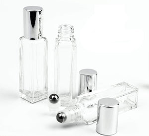12 LUXURY SQUARE Slim 7.5ml Clear Glass Roll-on, Gold Caps Roller Perfume Bottles Stainless STEEL Ball Fitment, 1/4 Oz Essential Oil, 7.5 ml
