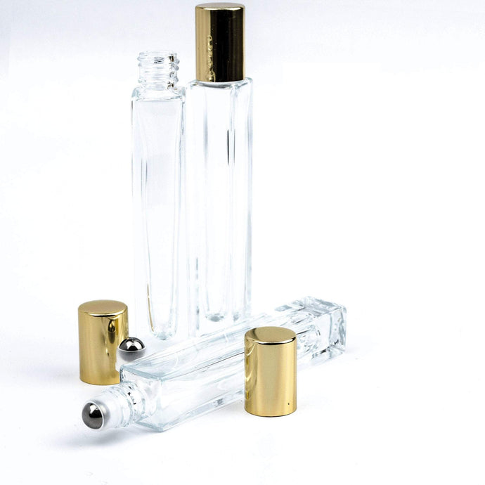 1 LUXURY SQUARE Slim 10ml Clear Glass Roll-on, Gold Caps Roller Perfume Bottles Stainless STEEL Ball Fitment, 1/3 Oz Essential Oil,  10 ml