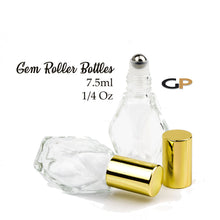 Load image into Gallery viewer, 6 LUXURY GEO Rollon Bottles Diamond Shape 7.5ml GEM Gold or Silver Caps Roller Perfume Bottles Stainless STeeL Balls, 1/4 Oz Essential Oil