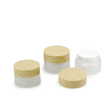 Load image into Gallery viewer, 12 NATURAL BAMBOO Caps FROSTED Glass 20mL Jars, w/ Sealing Liners