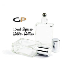 Load image into Gallery viewer, 3 LUXURY MATTE Silver Caps SQUARE 15ml Clear Glass Roller Perfume Bottles Stainless Steel Ball 1/2 Oz for Essential Oil Blends Private Label
