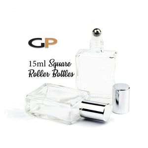 3 LUXURY MATTE Silver Caps SQUARE 15ml Clear Glass Roller Perfume Bottles Stainless Steel Ball 1/2 Oz for Essential Oil Blends Private Label
