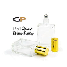 Load image into Gallery viewer, LUXURY SQUARE 15ml Clear Glass Roll-on, Gold Caps Roller Perfume Bottles Stainless STEEL Ball Fitment 1/2 Oz Essential Oil 15 ml Cuticle Oil