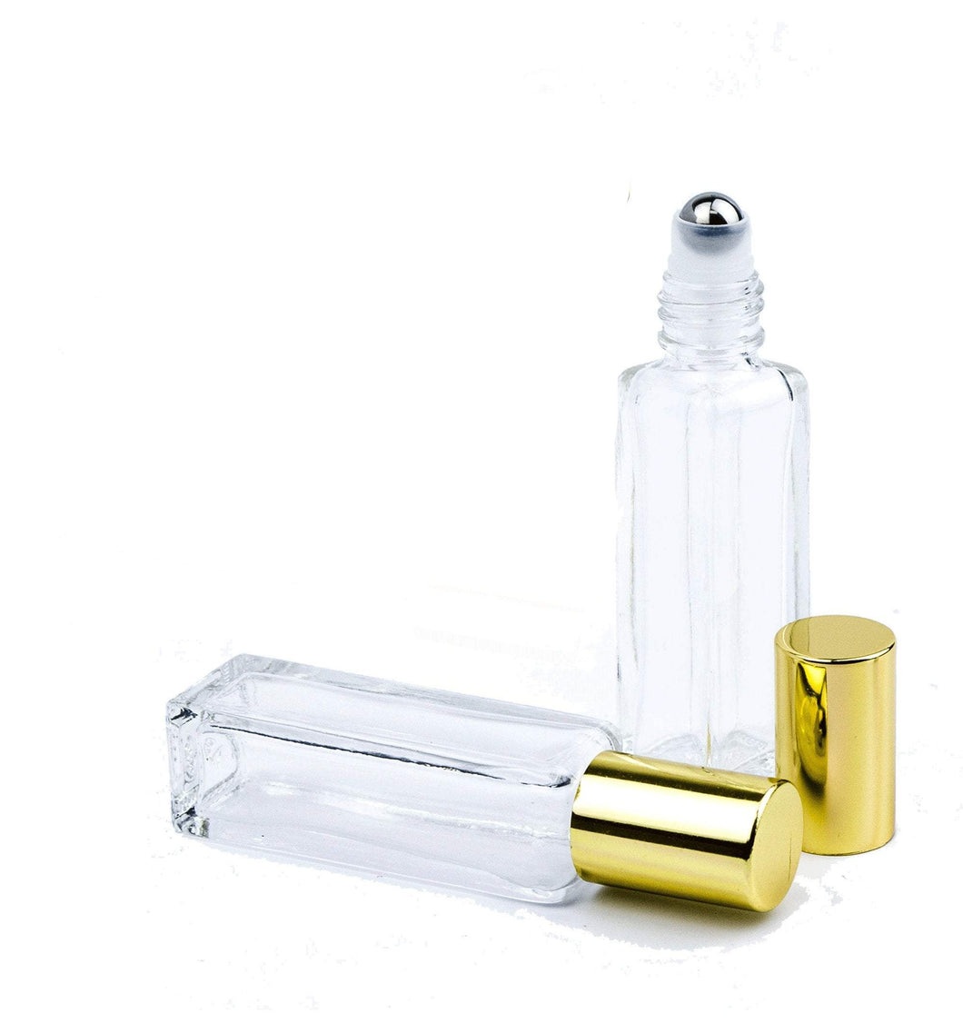10 LUXURY SQUARE Slim 7.5ml Clear Glass Roll-on, Gold Caps Roller Perfume Bottles Stainless STEEL Ball Fitment, 1/4 Oz Essential Oil, 7.5 ml
