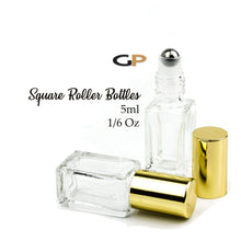Load image into Gallery viewer, 6 Pack PREMIUM SQUARE 3.7ml Clear Glass Roll-on, Gold Caps Roller Perfume Bottles Stainless STEEL Ball Fitment, 1/8 Oz Essential Oil, Dram