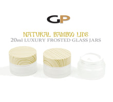 Load image into Gallery viewer, 6 NATURAL BAMBOO Caps FROSTED Glass 20mL Jars, w/ Sealing Liners, Eye Serum Cream, Luxury Statement Spa Cosmetic Packaging Empty Containers