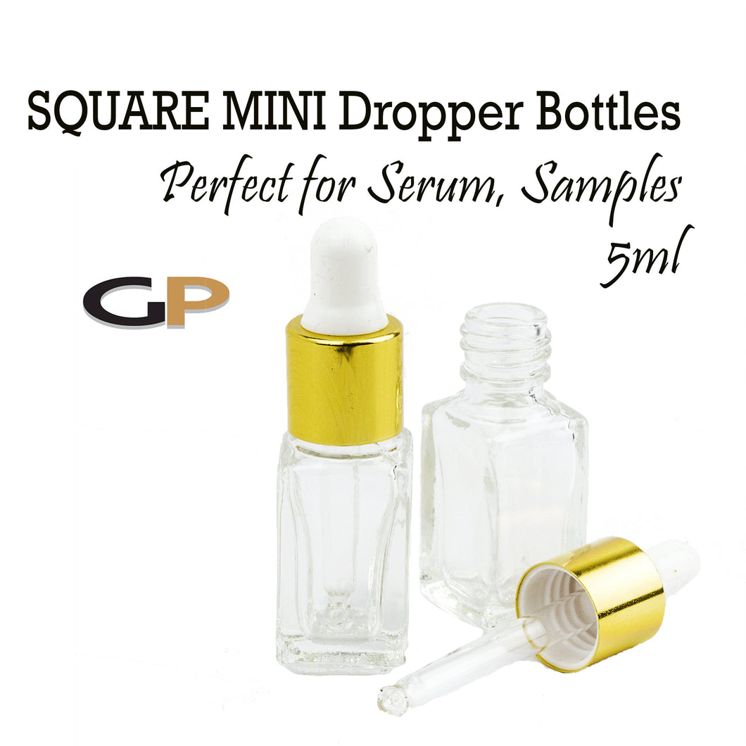 6 Pack PREMIUM SQUARE 5ml Clear Glass Dropper Bottle, SiLVER or GOLD Caps Sampling Perfume Bottles  1/6 Oz Essential Oil, 5 ml