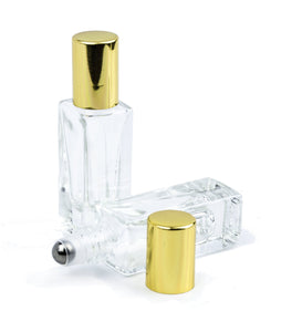 12 LUXURY SQUARE Slim 5ml Clear Glass Roll-on, Gold Caps Roller Perfume Bottles Stainless STEEL Ball Fitment, 1/6 Oz Essential Oil,  5 ml