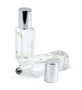 24 LUXURY SQUARE Slim 5ml Clear Glass Roll-on, Silver Caps Roller Perfume Bottles Stainless STEEL Ball, 1/6 Oz Essential Oil, 5 ml