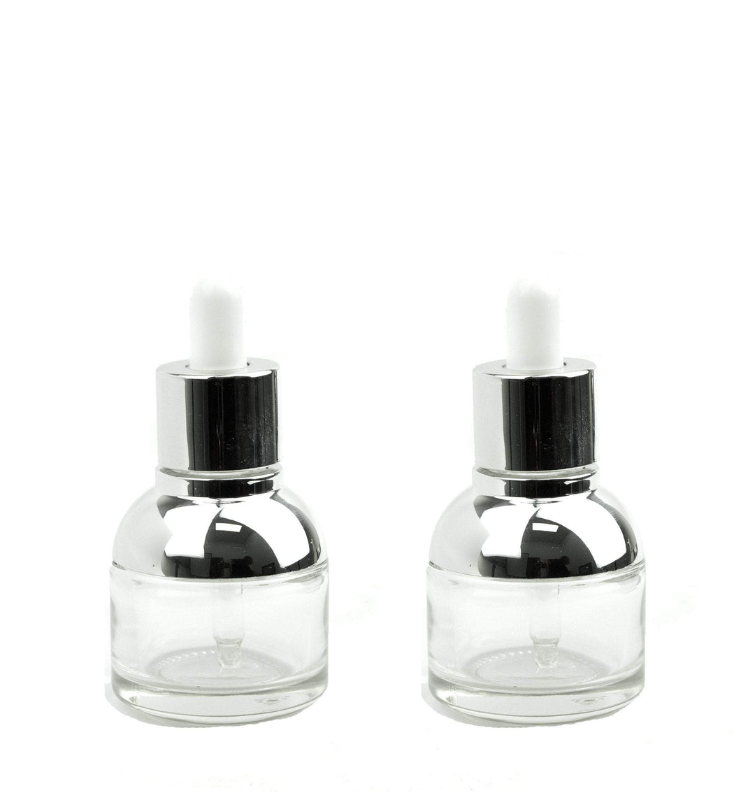 1 LUXURY SILVER CAPPED 30ml Glass Bottles w/ Metallic Silver & White Dropper Pipette 1 Oz