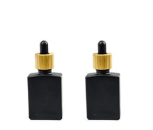 Load image into Gallery viewer, 1 Flat SQUARE BLACK MATTE 30ml Glass Dropper Bottle with NATURAL BAMBOO Cap, 30ml 1 Oz