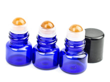 Load image into Gallery viewer, 12 LAPIS LAZULI Gemstone Rollerballs in CoBALT BLuE 1ml, 2ml or 3ml MiNi Glass Roll-on Bottles Essential Oil Blends  Blk. Caps DIY