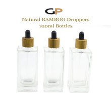 Load image into Gallery viewer, 3 pcs 100ml SQUARE Cubic Glass Dropper Bottle with NATURAL BAMBOO Collars, 3.4 Oz