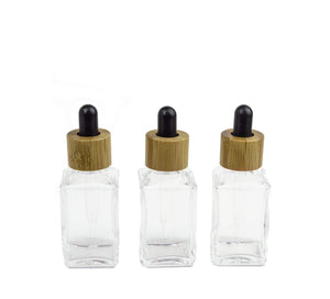 3 pcs 30ml Cubic SQUaRE LUXURY Glass Dropper Bottle with NATURAL BAMBOO Collars and Black Bulbs for Serum, Elixirs Essential Oil Foundation
