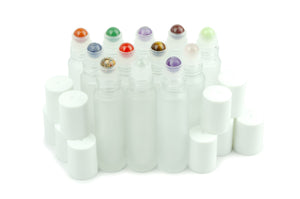 12Pcs Gemstone Crystal Rollerballs 10ml Frosted Glass Roller Bottles (Choose Cap) Rose Quartz, Sodalite, Green Jade, Amethyst, Tiger Eye