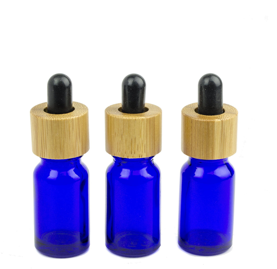 12 NATURAL BAMBOO DROPPER Bottles, 5ml or 10ml Cobalt Blue Glass