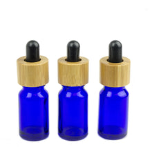 Load image into Gallery viewer, 12 NATURAL BAMBOO DROPPER Bottles, 5ml or 10ml Cobalt Blue Glass