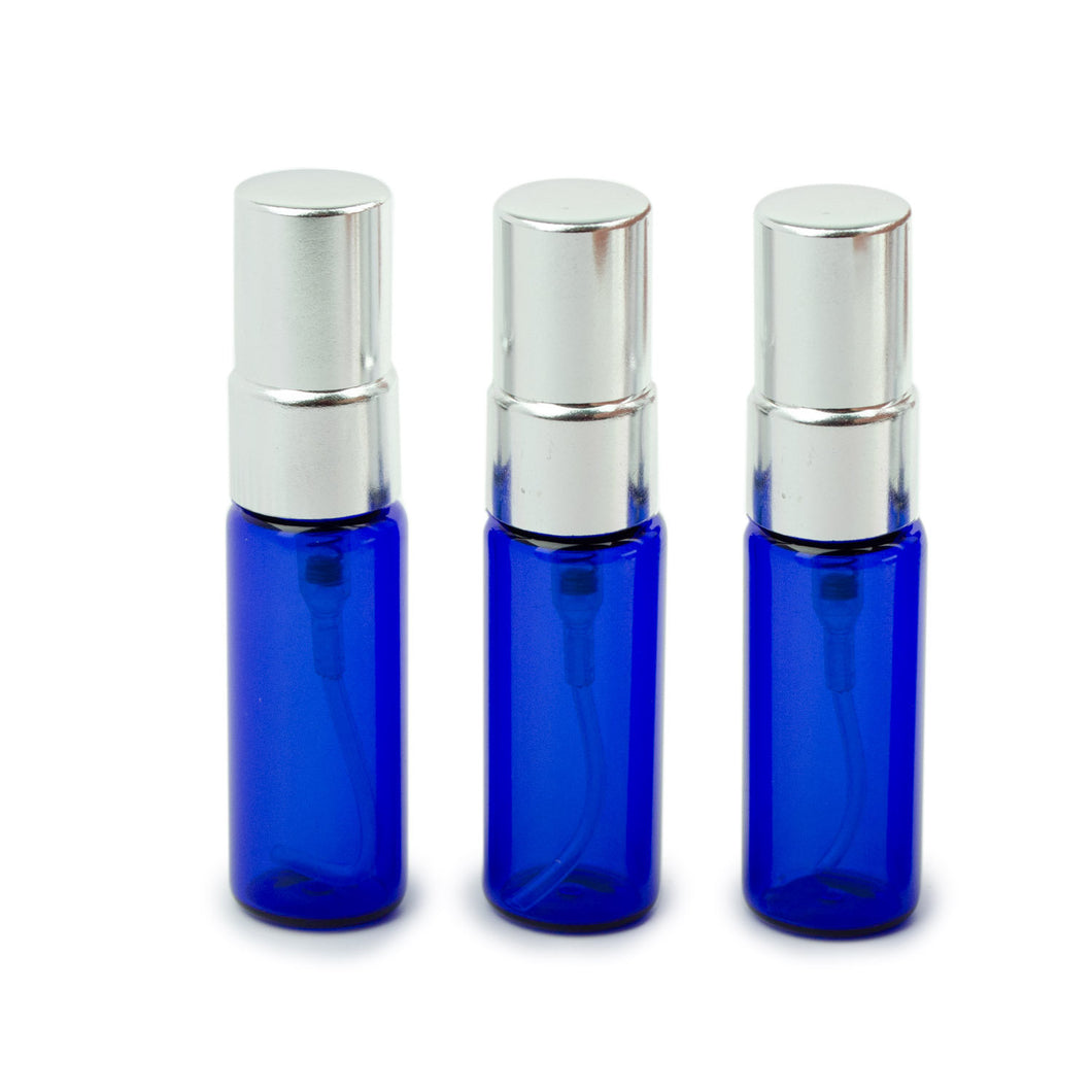 12 Cobalt BLUE Glass 5ml Fine Mist Atomizer Bottles 5ml w/ SILVER Metallic Spray Mist Caps Perfume Cologne Travel Size Sample Packaging Bulk