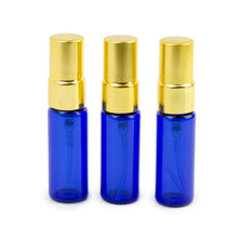 Load image into Gallery viewer, 12 Cobalt BLUE Glass 5ml Fine Mist Atomizer Bottles 5ml w/ SILVER Metallic Spray Mist Caps Perfume Cologne Travel Size Sample Packaging Bulk