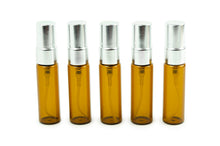 Load image into Gallery viewer, 6 CLEAR Glass 5ml Fine Mist Atomizer Bottles 5 ml w/ SILVER or GOLD Metallic Spray Mist Caps Perfume Cologne Travel Size Sample Packaging