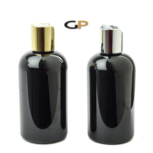 6 PREMiUM BLACK 4 Oz Soap/Hand Cream, Shampoo/Conditioner Shiny 120ml Modern PET Boston Round Plastic Bottles w/ GOLD Disc Cap Dispenser