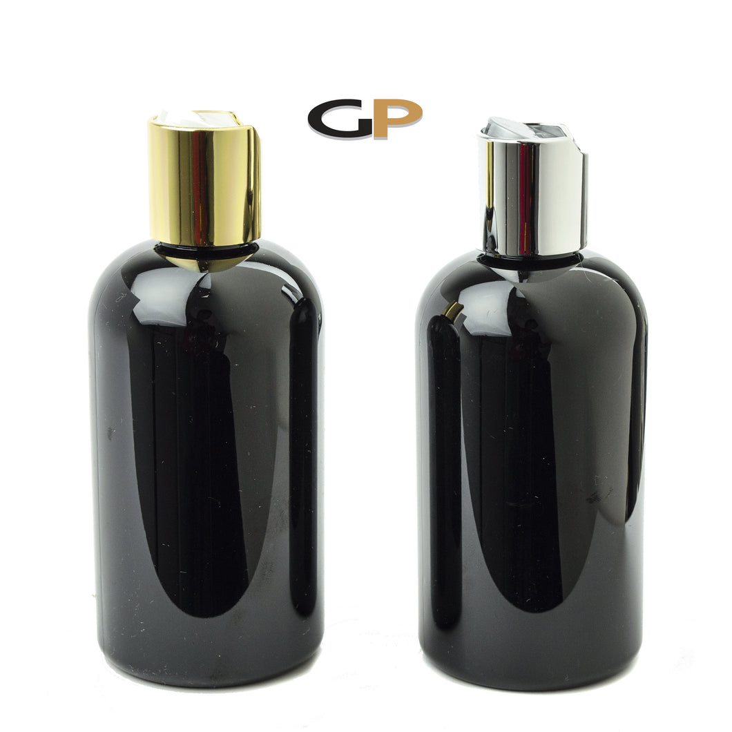 6 PREMiUM BLACK 4 Oz Soap/Hand Cream, Shampoo/Conditioner Shiny 120ml Modern PET Boston Round Plastic Bottles w/ GOLD Disc Cap Dispenser
