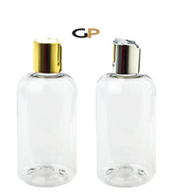 Load image into Gallery viewer, 3 PREMIUM Blue 8 Oz Soap/Hand Cream, Shampoo/Conditioner Shiny 240ml MODERN PET Boston Round Plastic Bottles w/ Gold Disc Cap Dispenser